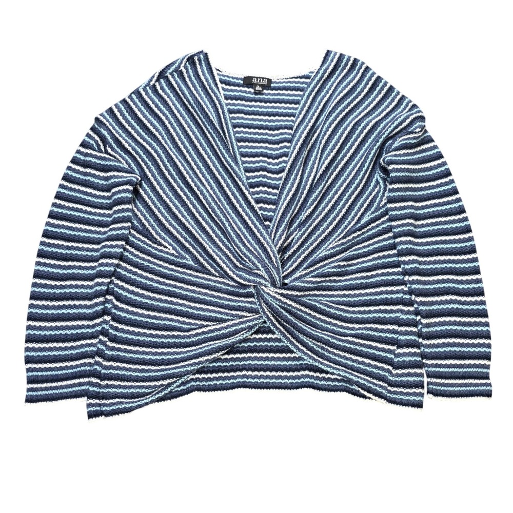 a.n.a A New Approach Twist Front Knit Sweater Women's Size M Blue White Striped
